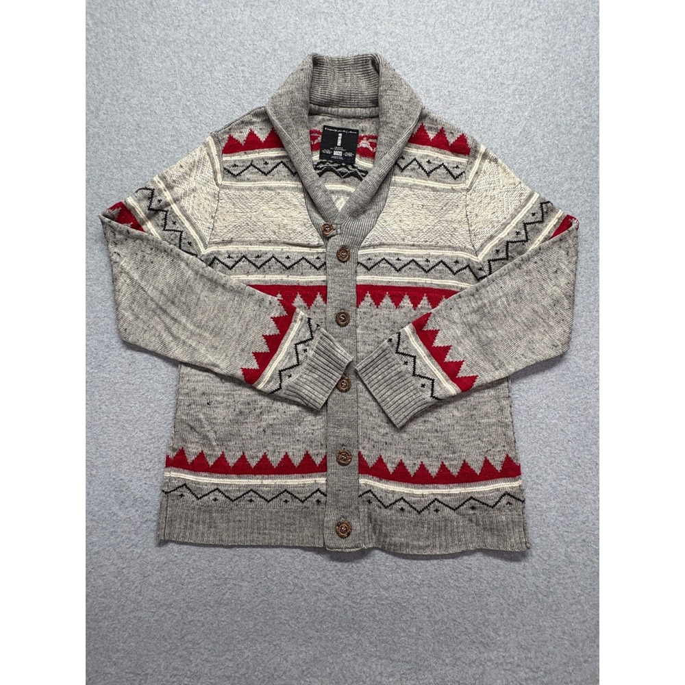 Jeans by Buffalo Mens Shawl Collar Cardigan Grey Red Southwestern Wool Blend L